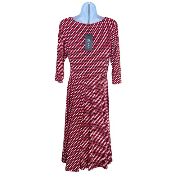 LBisse Red Geometric Wrap Dress Women’s  Stretch Knit Midi NWT Office Chic - Picture 3 of 10